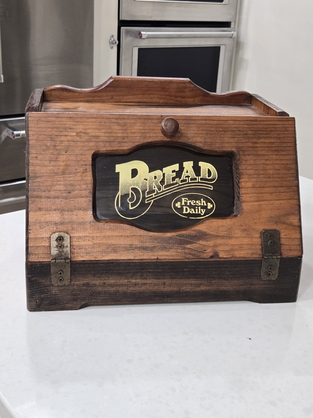 Vtg Wood Fresh Bread Box Stenciled Glass Face Farmhouse Breadbox Cottagecore